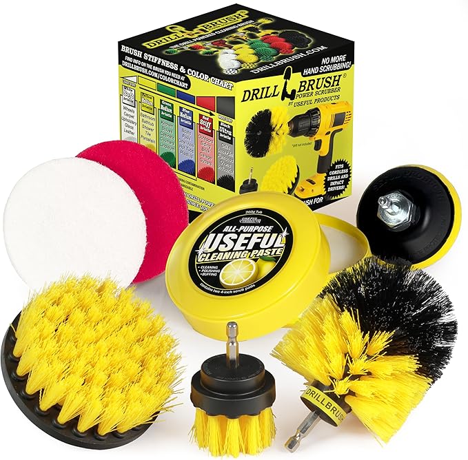 Drill Brush Attachment Multipurpose House Cleaning Supplies Set: Nylon Toilet Brush Kit Lemon Lime Scented Cleaning Paste Scrub Pads - Bathroom &amp Kitchen Tile Grout Cleaner - Household Essential