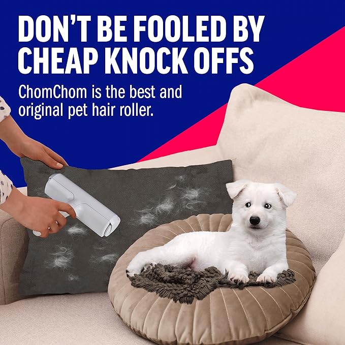ChomChom Roller Pet Hair Remover – Original Size Reusable Lint Roller for Cat &amp Dog Hair on Furniture Couch Carpet Car Rugs &amp Bedding – Portable Eco-Friendly (White)