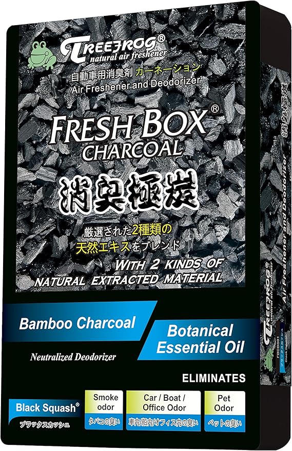 Treefrog Xtreme Fresh Box Charcoal Black Squash Scent 6-Pack Car Air Freshener Captures Eliminates Odors Purifies and Freshens Air Black Bamboo Charcoal 200g.