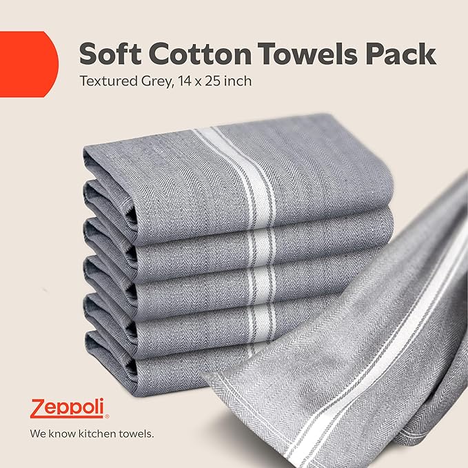 Zeppoli Classic Kitchen Towels - 30 Pack 100% Natural Cotton Towel Set Reusable Wash Cloths Absorbent Dish Towels Machine Washable Hand Towels Kitchen Essentials - 14” by 25” - Gray Base
