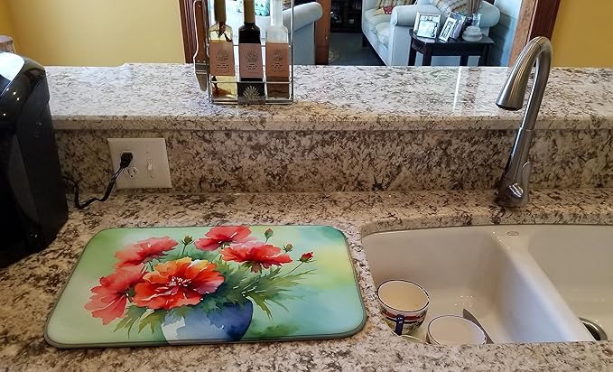 Caroline's Treasures DAC1699DDM Ohio Scarlet Carnations in Watercolor Dish Drying Mat Absorbent Dish Drying Mat Pad for Kitchen Counter Dish Drainer Mat for Countertop 14 x 21 Multicolor