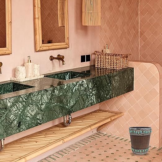 Decorative Resin Faux Leather Small Wastebasket with Turquoise Gem - Southwestern Rustic Trash Bin for Bathroom Bedroom and Kitchen - Small Decorative Wastebasket for Home or Office Décor