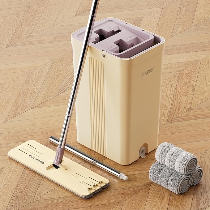 JOYMOOP Mop and Bucket Set (Beige &amp Blush Brown) with Extension Handle Ideal for Floor Window and Wall Cleaning - Includes 3 Washable Microfiber Pads for Wet and Dry Use