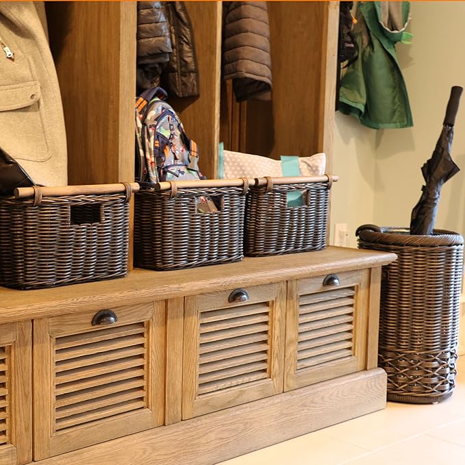 The Basket Lady Deep Pole Handle Wicker Storage Basket Large 15 in L x 15.5 in W x 9.5 in H Antique Walnut Brown