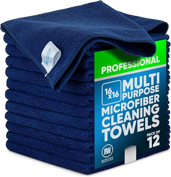 MW Pro Multi-Surface Microfiber Towel – 12 Pack | Premium Cleaning Cloth | Clean Buff Dust Polish Absorb | Large 16x16 (Dark Blue)