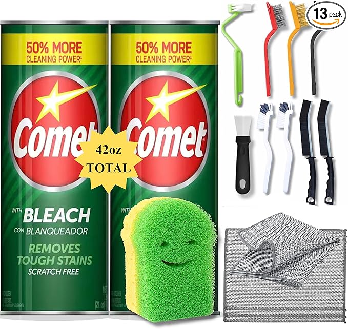 2 Comet Powder Cleanser with Bleach 21oz each + 11 Cleaning Tools. 1 Scrub Sponge 1 Non-Scratch Wire Dishcloths 8 Crevice Cleaning Brush &amp Scraper Home &amp Kitchen.13 Cleaning Supplies. Scrat