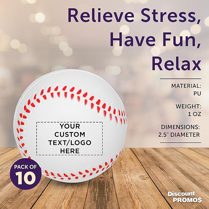 DISCOUNT PROMOS Custom Baseball Shaped Squeeze Balls Set of 10 Personalized Bulk Pack - Perfect for Promotional Giveaways - White