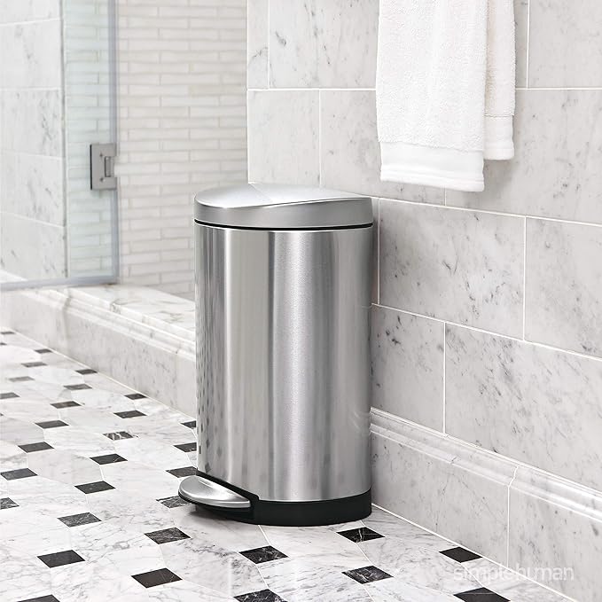 simplehuman 6 Liter / 1.6 Gallon Semi-Round Bathroom Step Trash Can Brushed Stainless Steel &amp Code A Custom Fit Drawstring Trash Bags 4.5 Liter / 1.2 Gallon 90 Pack White 90 Count
