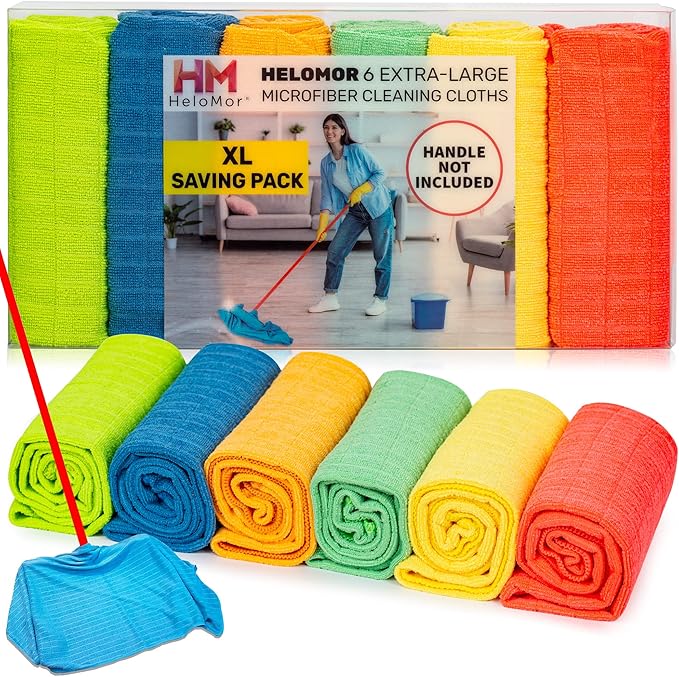 HELOMOR 6 Extra Large Microfiber Cleaning Cloths 30x18 Floor Towels for Squeegee Mop Reusable Multi-Purpose Cleaning Rags for House Kitchen Car &amp Windows Highly Absorbent Lint-Free