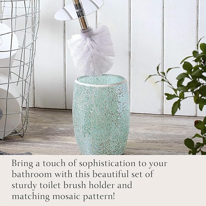 WHOLE HOUSEWARES Modern Toilet Brush Set Turquoise (1 Glass Mosaic Bathroom Accessory)