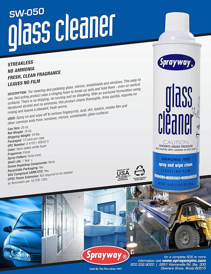 Sprayway Glass Cleaner with Foaming Spray for a Streak-Free Shine for Home and Automotive Use 19 oz. Pack of 12