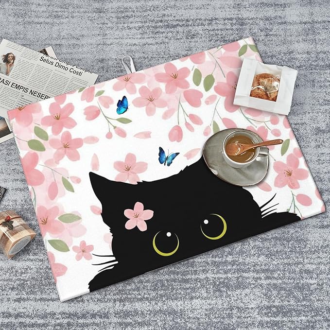 Flowers Black Cat Butterfly Dish Drying Mat for Kitchen Counter 18x24 Microfiber Absorbent Fast Dry Mat 2Pcs Dish Mat Faucet Mats Sets Large Drying Kitchen Mat Kitchen Drying Pad Coffee Bar Decor