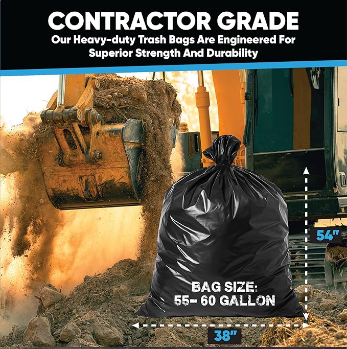Contractor Garbage Bags 55 Gallon Heavy Duty | 50 Count | Construction Bags Heavy Duty with Ties | 55-60 Gallon Trash Bag for Contractors