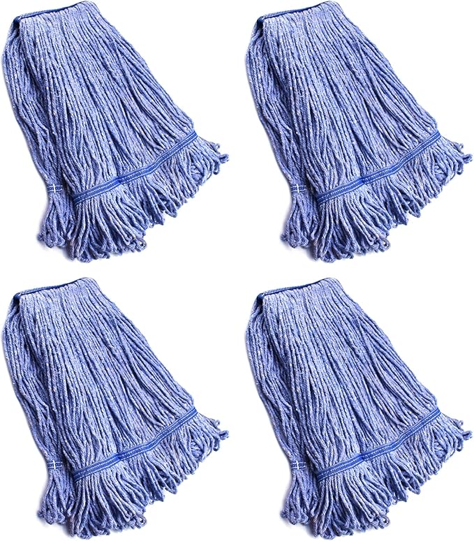 String Mop Heads Replacement Heavy Duty Commercial Grade Blue Cotton Looped End Wet Industrial Cleaning Mop Head Refills (4 Medium)