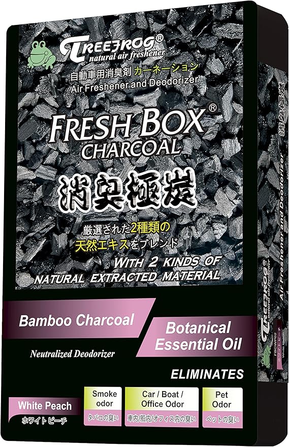 Treefrog Xtreme Fresh Box Charcoal White Peach Scent 3-Pack Car Air Freshener Deodorizer and Neutralizer air Plus Smelling Great Black Bamboo Charcoal Generously Large Size 200g.
