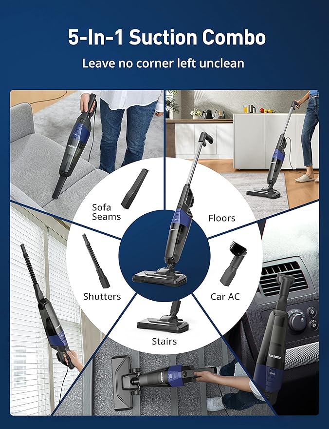 Small Vacuum Cleaner Aspiron Stick Vacuum Cleaner with 20kPa Powerful Suction &amp 0.88QT Dust Cup and 16ft Power Cord 5-in-1 Handheld Lightweight Bagless Vacuum Cleaner Carpet and Floor for Pet