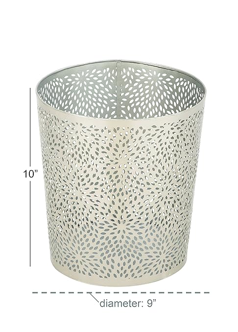 CosmoLiving by Cosmopolitan Metal Small Waste Bin with Laser Carved Floral Design 9 x 9 x 10 Silver