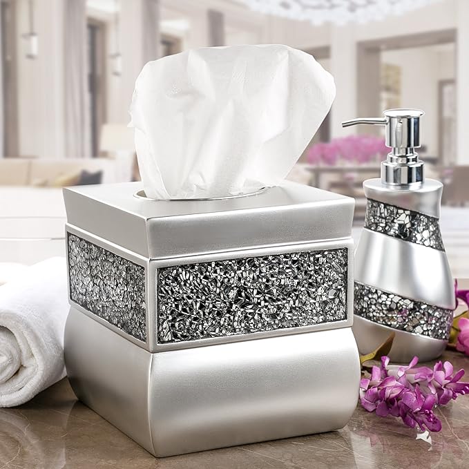 Creative Scents Crackled Glass Silver Tissue Box Cover Square - Decorative Tissue Box Holder - Tissue Holder Vessel for Bathroom with Durable Bottom Slider Elegant Home or Bathroom Decor