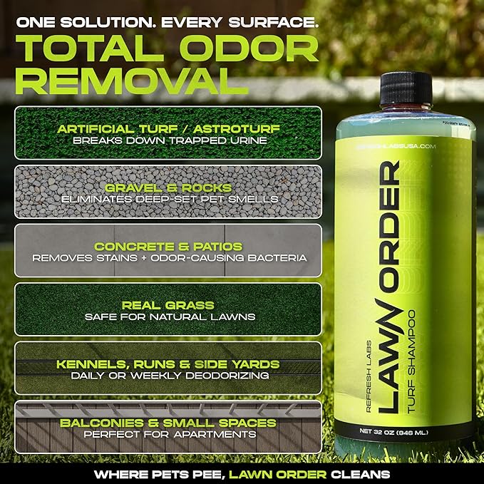 LawN Order Artificial Turf Cleaner &amp Odor Eliminator – Enzyme Powered Pet &amp Kid Safe Removes Pet Mess Smells (1 GAL + 32 OZ + Hose)