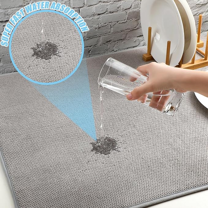 Hushee 2 Pack Extra Large Dish Drying Mat Microfiber Absorbent Dish Drying Pad Large Size Dishes Drainer Mats for Countertop Sink Refrigerator or Dryer (30 x 24 InchGray)