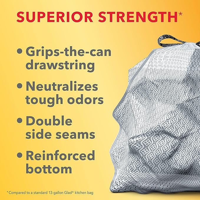 Glad ForceFlex MaxStrength Tall Kitchen Drawstring Trash Bags 13 Gallon Fresh Clean Scent with Febreze Freshness 34 Count