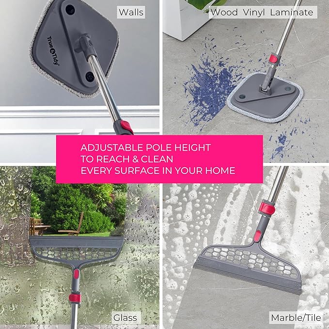 True &amp Tidy True Clean Spin Mop &amp Bucket System – Dual Compartment Design for Clean &amp Dirty Water 360° Swivel Mop Head Built-in Scrubbing Brush Stainless Steel Handle &amp 2 Reusable M