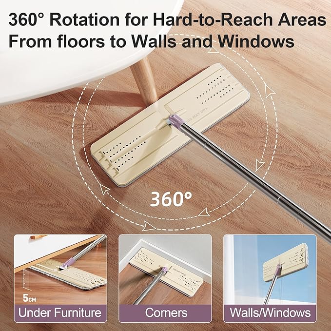 JOYMOOP Mop and Bucket Set (Beige &amp Blush Brown) with Extension Handle Ideal for Floor Window and Wall Cleaning - Includes 3 Washable Microfiber Pads for Wet and Dry Use