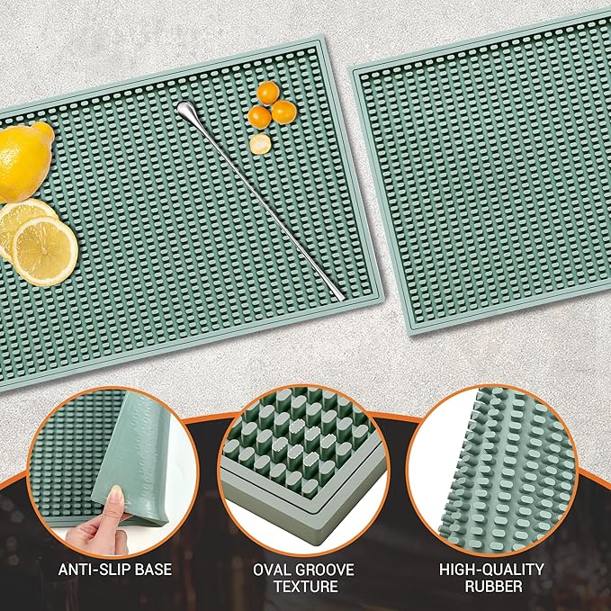 Bar Mat - 18X12(2 Pcs) Rubber Bar Mats for Countertop &amp Dish Drying Non-Slip Bartender Mat with Airflow Design for Home Bar Cocktail Set Kitchen &amp Outdoor Use (Green)