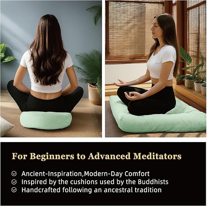 Meditation Zafu Cushion Set with Buckwheat Hulls &amp Memory Foam - Ergonomic Support for Yoga &amp Sitting - Removable Machine-Washable Luxury Velvet Cover - for Adults and Kids (Sage Green)