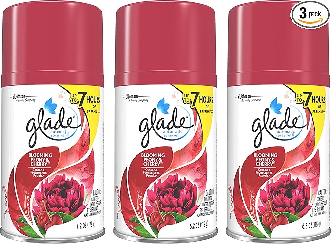 Glade Automatic Spray Refill - Blooming Peony &amp Cherry - Net Wt. 6.2 OZ (175 g) Per Refill Can - Pack of 3 Refill Cans