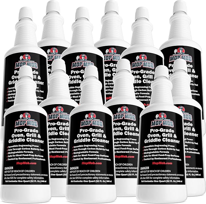 Commercial Grill and Oven Cleaner 32 Oz Concentrate 12Pk. Fast-Acting Heavy-Duty Degreaser Solution Removes Carbon Grime Burnt Food and Oil for Griddles Fryer Baskets and Kitchen Cooking Surfaces.