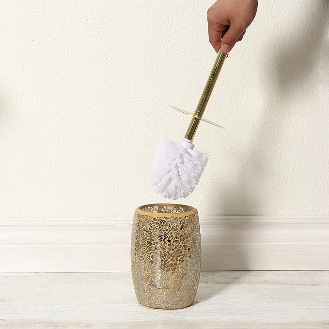 Whole HOUSEWARES | Modern Toilet Brush Set | Toilet Bowl Brush and Holder | Bathroom Accessory Set | Toilet Brushes for Bathroom | Freestanding Mosaic Toilet Bowl Cleaner (Gold)