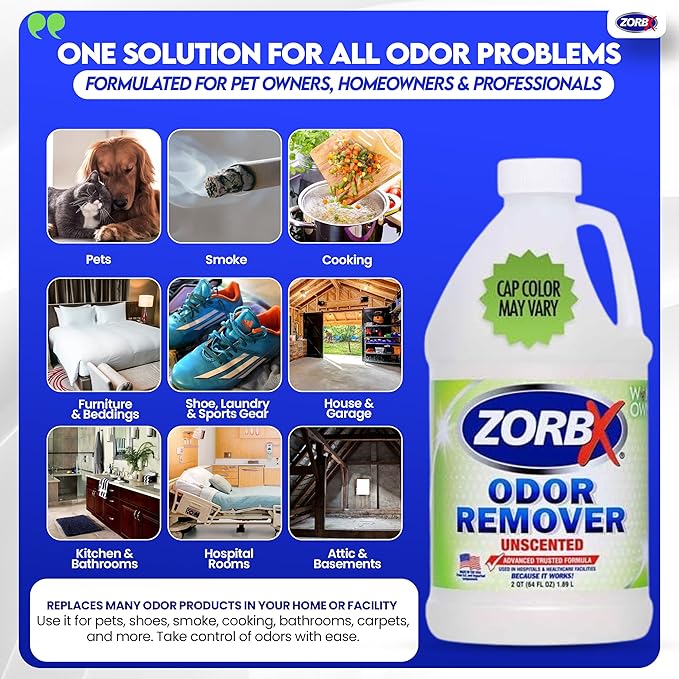 ZORBX Unscented Odor Eliminator for Strong Odor 64 oz - Used in Hospitals &amp Healthcare Facilities - Advanced Trusted Formula Fast-Acting Odor Remover Spray for Dog Cat House &amp Carpet