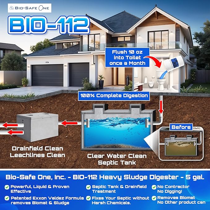 Bio-Safe One Inc - BIO-112 - Septic Tank Treatment - Drainfield Treatment - Heavy Duty Sludge Digester - Septic Cleaner - Drain Clog Remover - Toilet Drain Clog Remover - 5 Gal - Exxon Valdez Patented