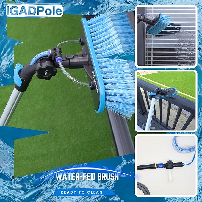 IGADPole 12 FT Water-Fed Washing Kit with Soap-Dispenser Brush 10″ Squeegee &amp Cobweb Duster for Windows Gutters Solar Panels &amp Exterior Walls