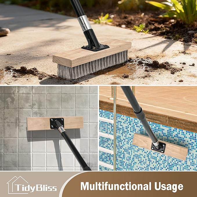Stainless Steel Wire Scrub Brush with Long Handle Heavy Duty Stiff Metal Broom Scrubber Outdoor Moss Removal for Concrete Floor Deck Garden Patio Roof Brick Garage Swimming Pool