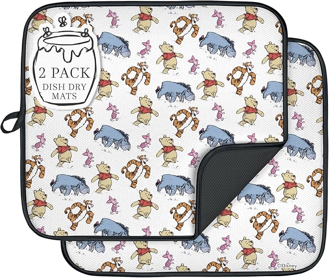 Disney Dish Drying Mats for Kitchen Counter (2 Pack) – 16 x 18 Absorbent Kitchen Drying Mats for Dishes – Mickey &amp Minnie Winnie the Pooh &amp Stitch Dish Mats