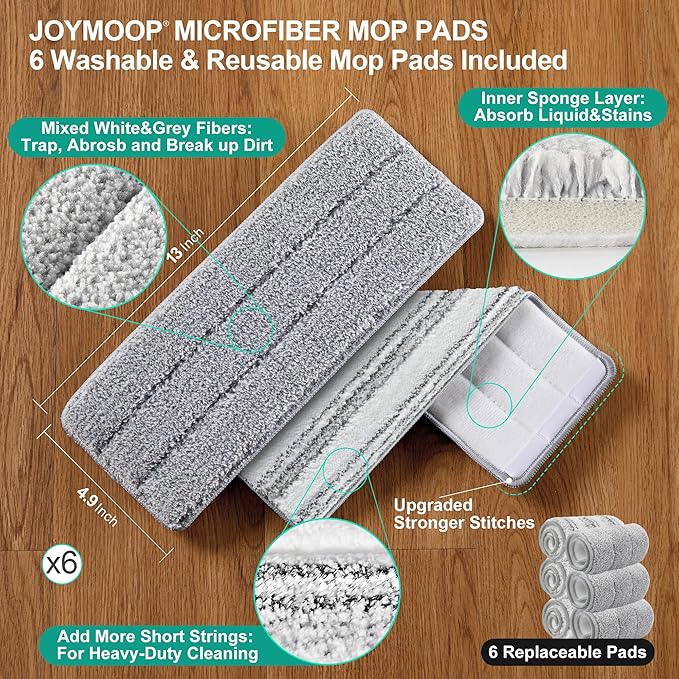 JOYMOOP Mop and Bucket Set with Wringer Flat Mops for Floor Cleaning Wall Mop Cleaner with Long Handle Hardwood Floor Mop with 6 Microfiber Pads