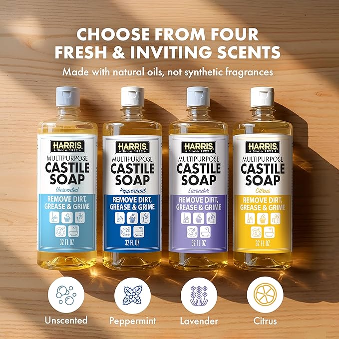 HARRIS Multi-Purpose Liquid Castile Soap for Home Cleaning Use as Dish Soap Laundry Detergent Kitchen &amp Bathroom Surface Cleaner Kids Room 2 Pack of 32 Fl Oz with Microfiber Cloth (Unscented)