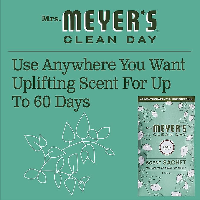 MRS. MEYER'S CLEAN DAY Air Freshener Sachets Fragrance for your Locker Car Closet and Gym Bag Basil Pack of 3