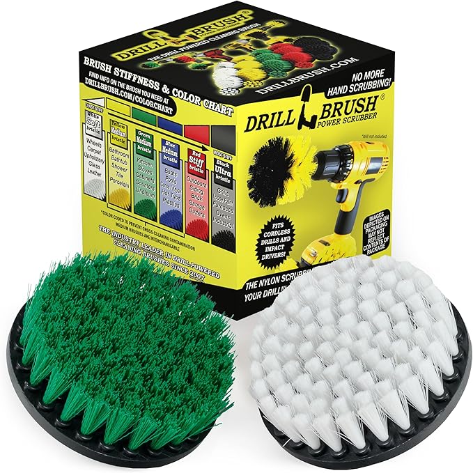 Household Cleaners - Drill Brush Soft White and Medium Green Combo Kit - Cleaning Supplies - Glass Cleaner - Scrub Brush - Leather Shower Doors Carpet Fabric and Vinyl Seats - Kitchen Sink