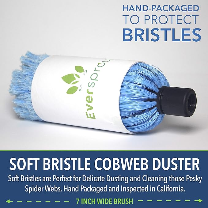 EVERSPROUT 1.5-to-3 Foot Cobweb Duster and Extension-Pole Combo (8-10 Ft Standing Reach Soft Bristles) | Hand Packaged | Lightweight 3-Stage Aluminum Pole | Indoor &amp Outdoor Use Brush Attachment