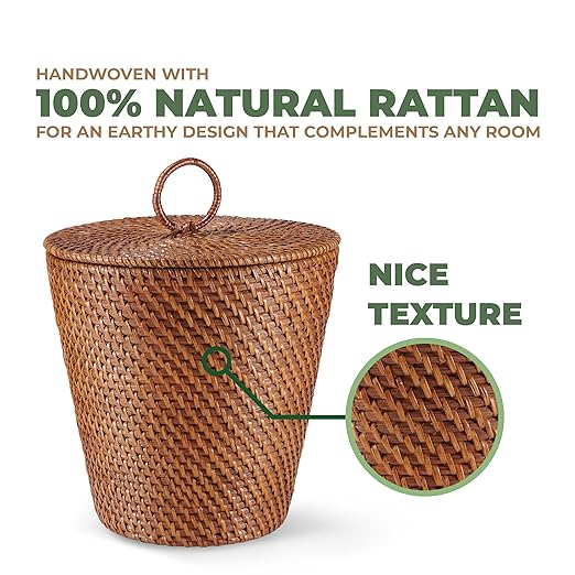 3 Gallon Rattan Trash Can with Lid and Liner - Wicker Trash Can for Bathroom Bedroom Kitchen Living Room