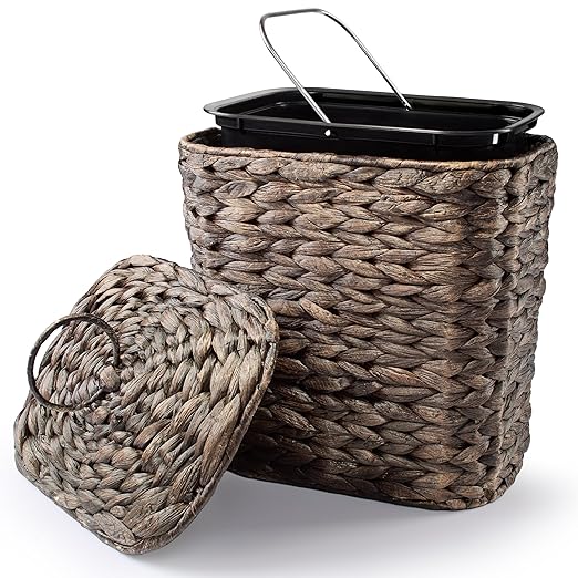 Wicker Waste Basket - Wicker Trash Can with Lid - Water Hyacinth Bathroom Garbage Can with a Lid - Bathroom Trash Can Boho Style - Removable Liner Iron Frame (Black 2 Gallons)