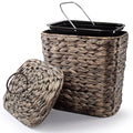 Wicker Waste Basket - Wicker Trash Can with Lid - Water Hyacinth Bathroom Garbage Can with a Lid - Bathroom Trash Can Boho Style - Removable Liner Iron Frame (Black 2 Gallons)