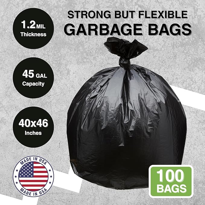 45 Gallon Garbage Trash Bag 40X46 1.2 Mil Black 100 Count Can Liner Bulk 40 Gallon 41 Gallon 42 Gallon 43 Gallon 44 Gallon Made in USA