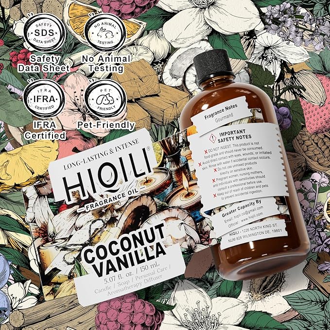 HIQILI Coconut Vanilla Fragrance Oil - for Candle Making Soap Making Essential Oil for Diffuser Humidifier Home&amp Hotel &amp Car Use - 5.07 Fl Oz