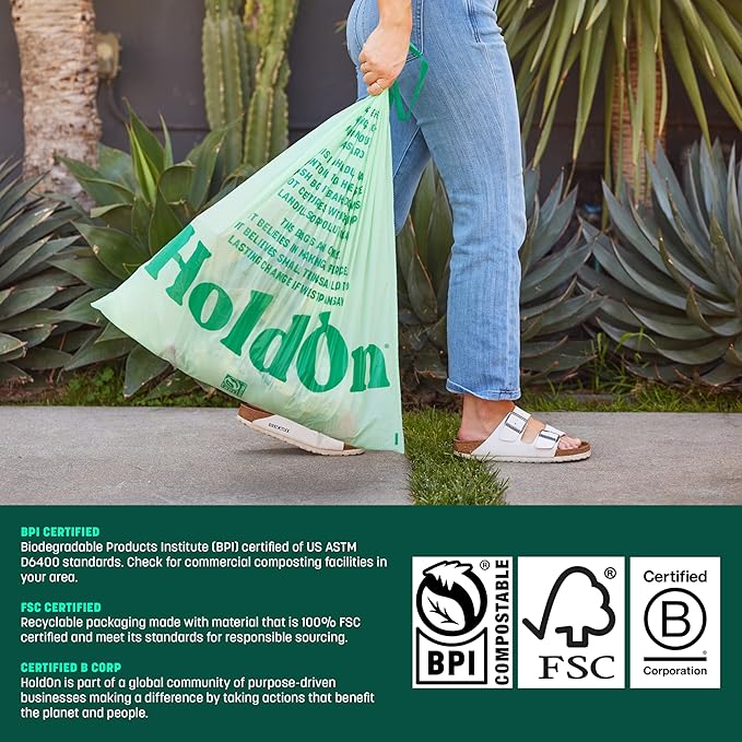 HoldOn 13-Gallon Trash Bags – Plant-based Tall Kitchen Trash Bags with Drawstring Handles for Tall Trash Bins Heavy-duty and Compostable Large Trash Bags (40 bags)