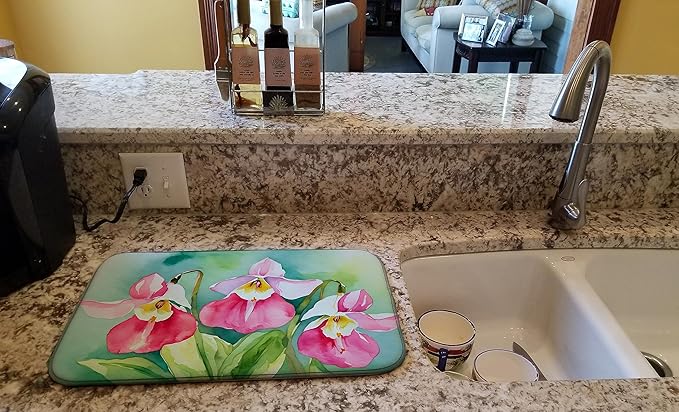 Caroline's Treasures DAC1673DDM Minnesota Pink and White Lady�s Slippers in Watercolor Dish Drying Mat Absorbent Dish Drying Mat Pad for Kitchen Counter Dish Drainer Mat for Countertop 14 x 21 Mult