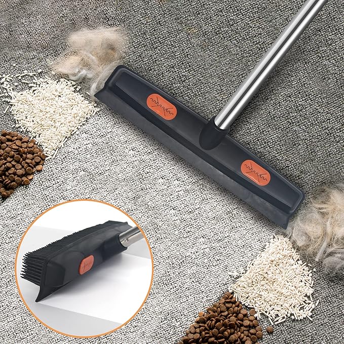 LandHope Carpet Rake for Pet Hair Remover Long Handle with Squeegee Rubber Broom Carpet Brush Non Scratch Bristles Fur Remover Indoor Outdoor Push Broom for Cat Dog Hair Hardwood Tile Windows Clean